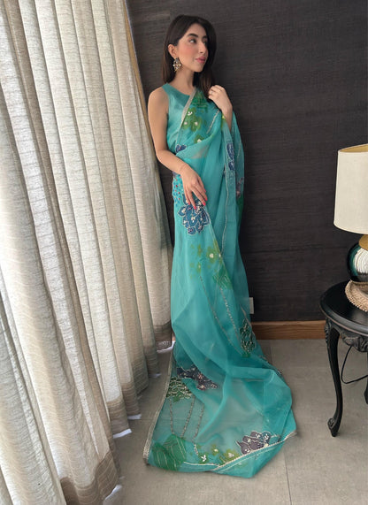 Blue Peony Saree